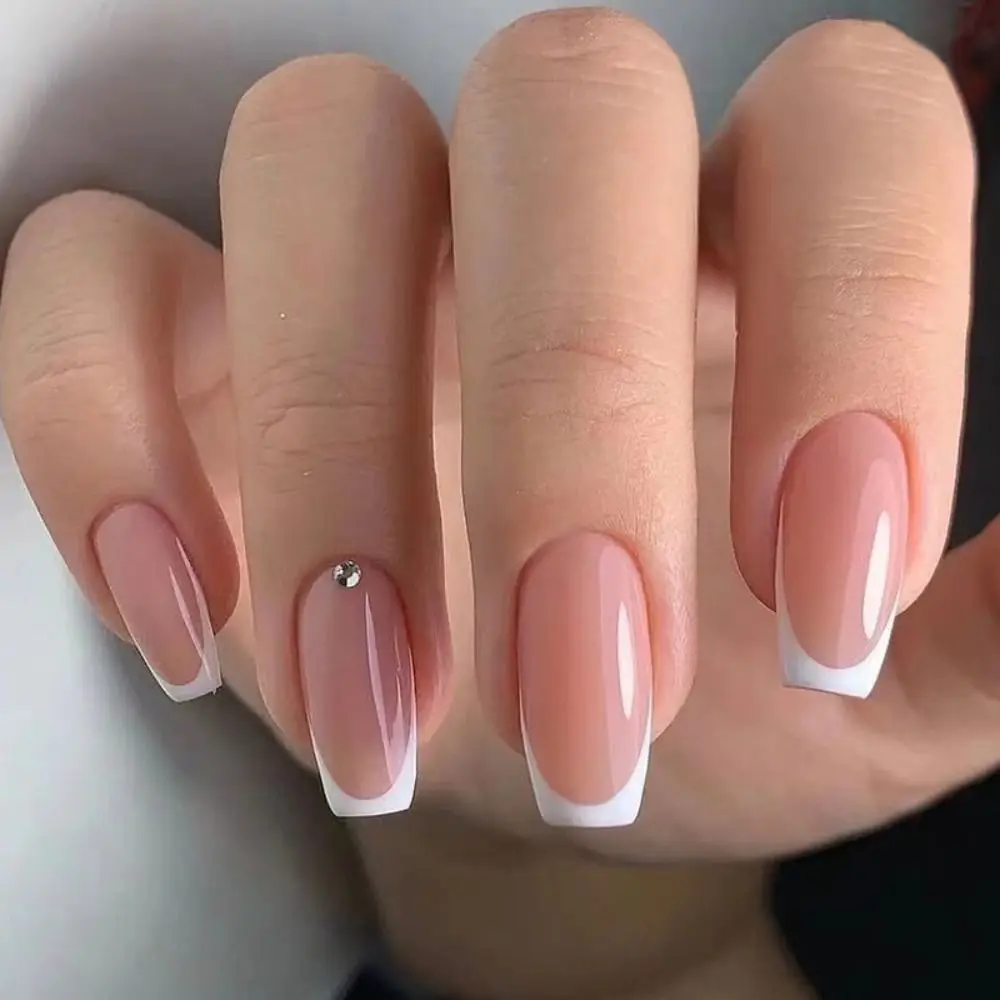 

24pcs Long Square False Nails French White Edge Glitter Fake Nials Full Cover Detachable Nail Tips
