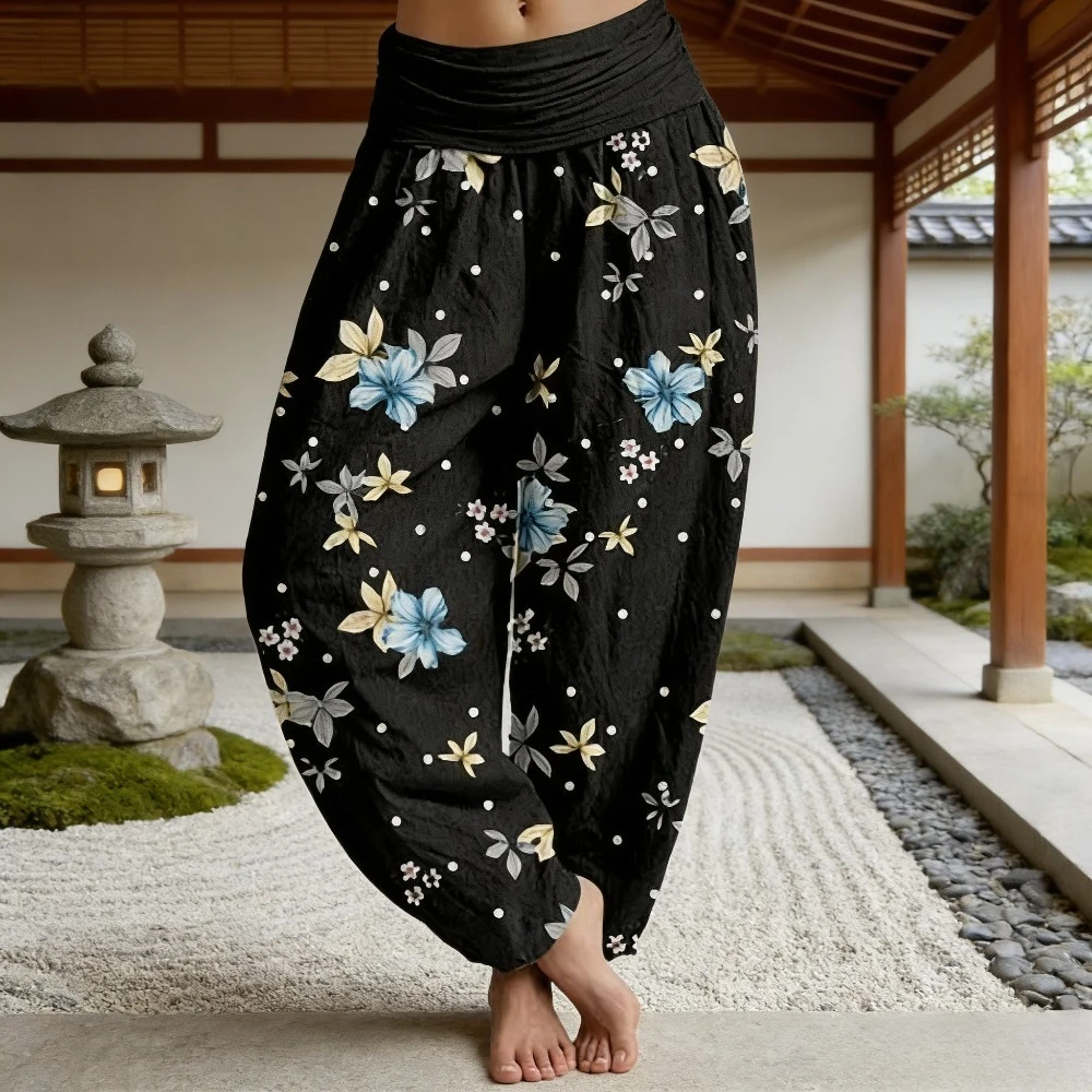 Japanese Retro Bird Print Thai Harem Pants Women's Elastic Waist Loose Casual Yoga Joggers for Vacation Vintage Wide Leg Pants