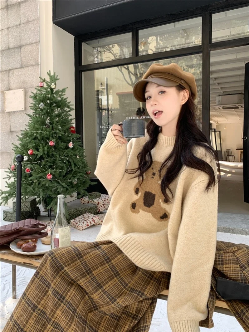 الرجعية الكرتون الدب المرأة المتضخم تريكو طويل Sve جولة Ne البلوز سترة الخريف الشتاء ملابس داخلية قاعدة طبقة Loo...