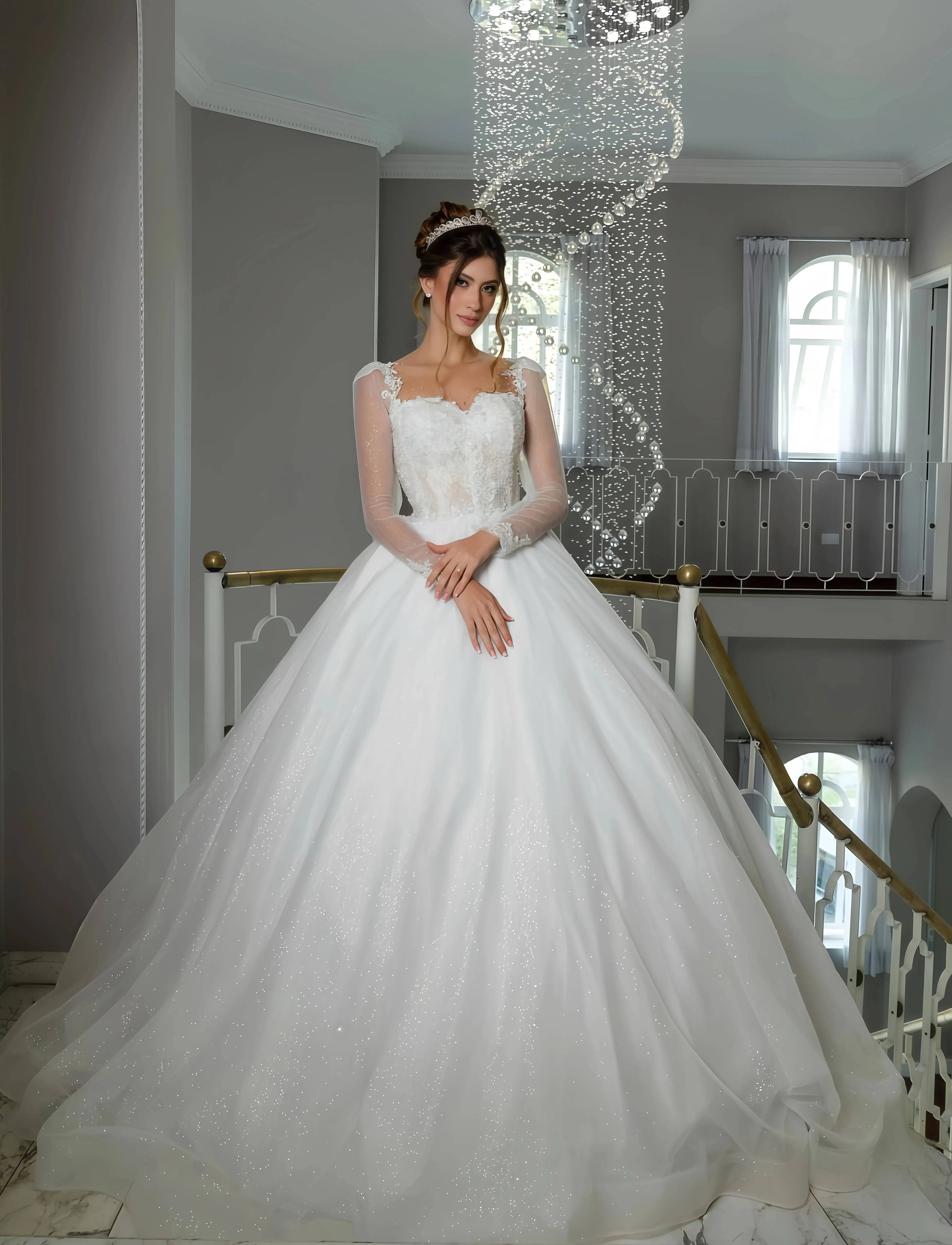 Customzied boat-shaped necklinelong-sleeved women'selegant wedding dress Estidos de novia amanda novias amanda novias official