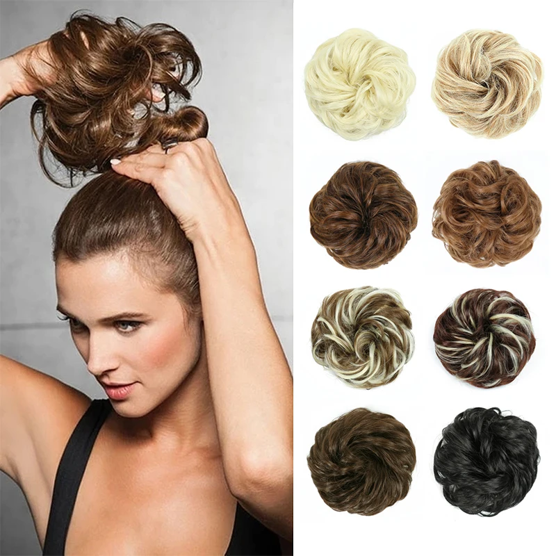 Azqueen-moño sintético desordenado, moño de Color marrón Gary, almohadilla para moño, cuerda elástica para el cabello, banda de goma para
