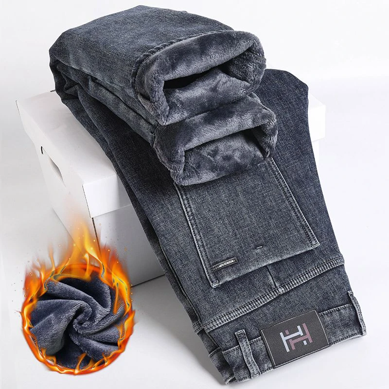 

Male Fashion Loose Straight Denim Pants Men Autumn Winter Fleece Lined Thickened Warm Jeans Slim Fit Look Taller Casual Trousers