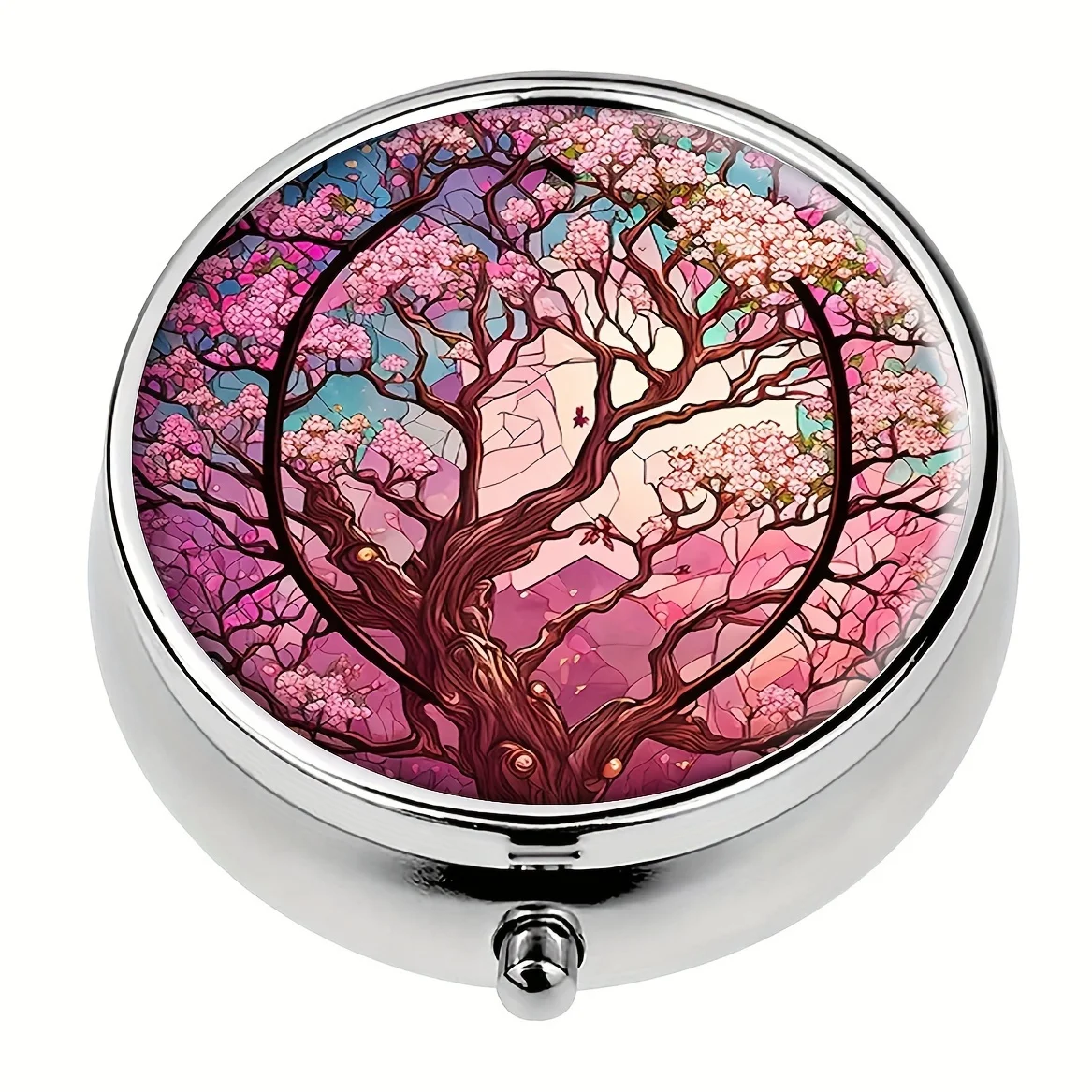 Cherry Blossoms Tree Round Pill Box,Household Portable Medicine Storage Box,3-grid Sub-packaging Medicine Box,Outdoor Travel