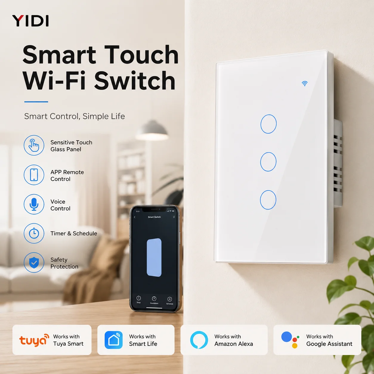 

YIDI Smart Home WiFi Touch Wall SYIDI Tuya Smart Home WiFiwitch 1/2/3 Gang No Neutral Voice APP Control for Alexa Google Tuya EU