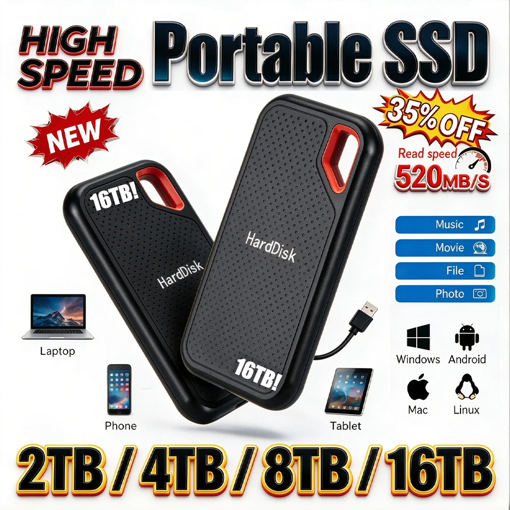 OTG Fast Cross-Device Portable External SSD 2TB 26TB Type-C High Speed Sync Photos Videos Between Mobile Phone Tablet PC