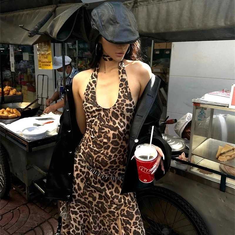 HOUZHOU Leopard Printed Sexy Woman Dresses Vintage Mini Backless Y2k Dress Short Streetwear Party moda femminile Hotsweet Chic