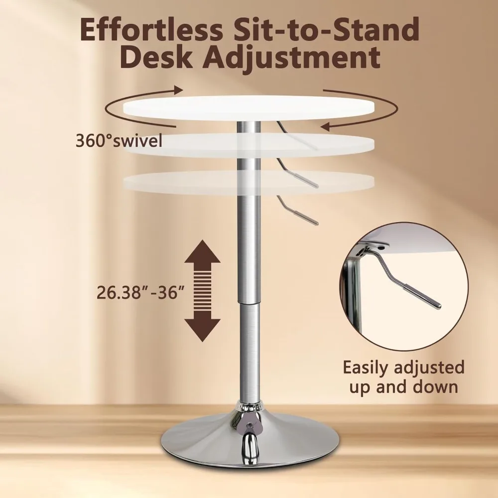 Round Bar Pub Table, 26"-36" Height Adjustable Bistro Tables with Metal Base, 360° Swivel High Top Cocktail Table for Home