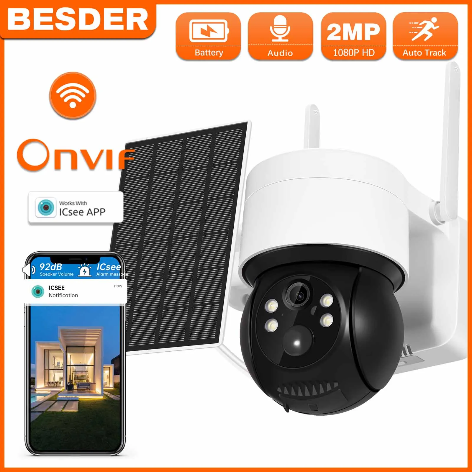 BESDER 2MP Outdoor Solar Camera Wifi PIR Human Detection Security Surveillance Camera With Solar Panel 7800mAh Recharge Battery