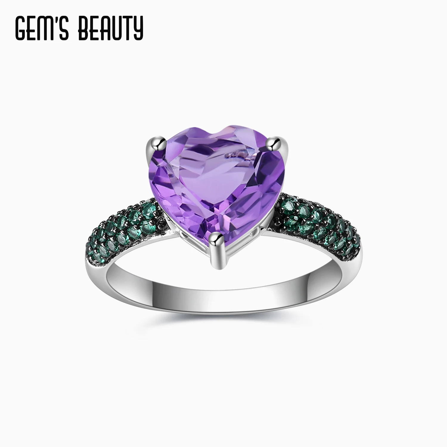 

GEM'S BEAUTY Heart Shape Natural Amethyst Handmade Rings 925 Sterling Silver Gemstone Statement Ring For Women Fine Jewelry