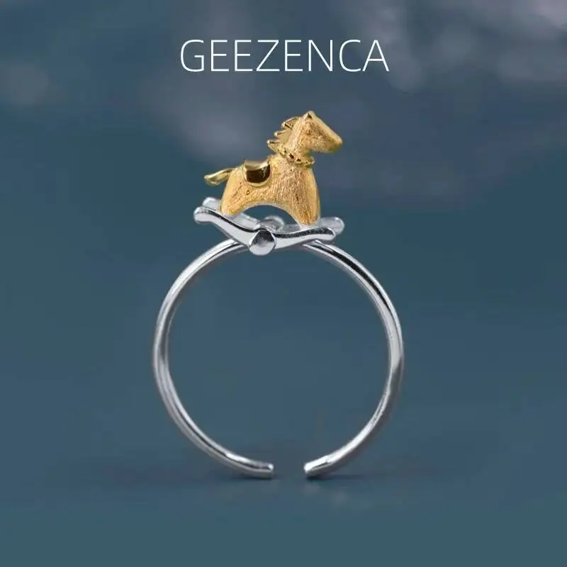 

GEEZENCA 925 Silver Two Tone Plated Carousel Open Rings For Women 3D Cockhorse Designer Style Chic Cute Ring 2023 New Party Gift