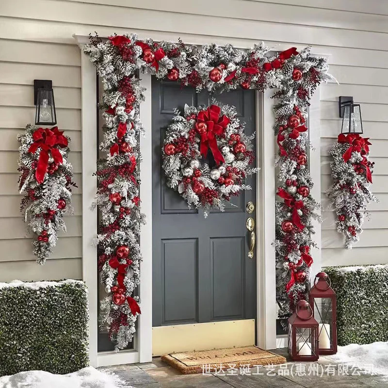 35cm Christmas Wreath Rattan Christmas Decoration 2025 Red Bow Wreath Front Door Xmas Flower Garland Outdoor Home Decor