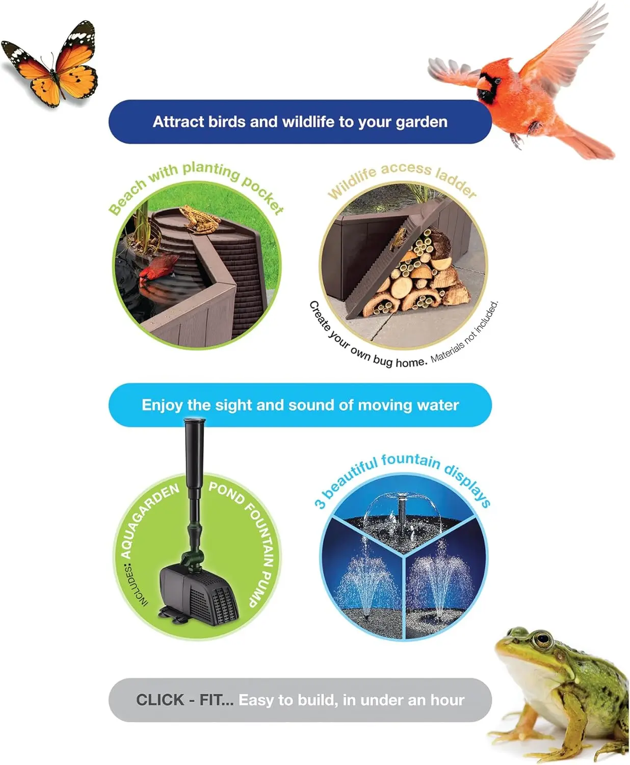 Kit completo de elementos acuáticos para atraer aves y vida silvestre a tu patio, incluye estructura de estanque, revestimiento, bomba de fuente, naturaleza