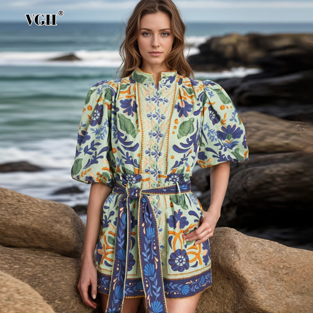 VGH Printing Two Piece Set For Women Stand Collar Puff Sleeve Shirt High Waist Loose Shorts Spliced Belt Casual Sets Female New