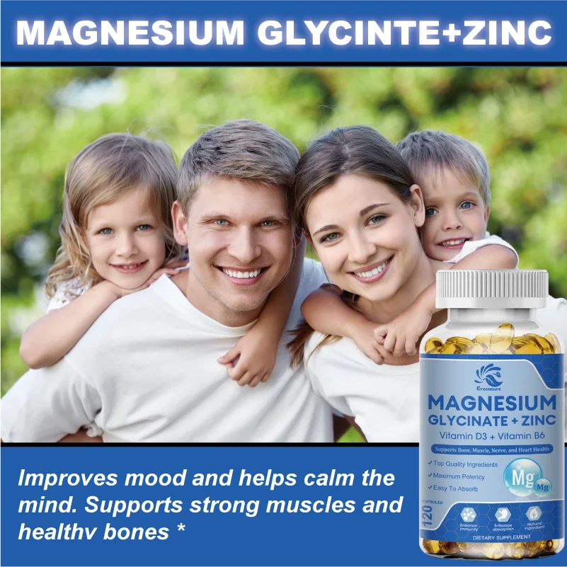 Greensure 60/120 Pcs Magnesium Glycine Capsules 500mg Dietary Supplement with Zinc,Vitamin D3 B6 Non-GMO Veggie Capsules