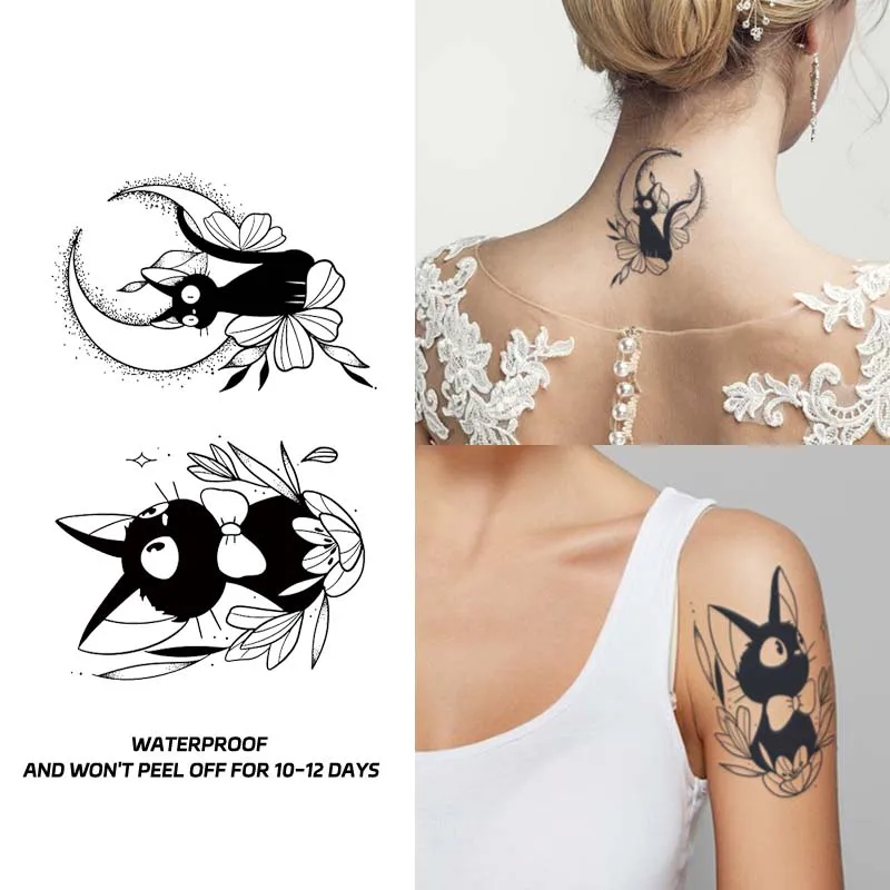 Black Cat and Moon, Lasting 1-2 Weeks Waterproof, Temporary Tattoo Stickers, Realistic Semi-Permanent Fake Tattoos for the Arms