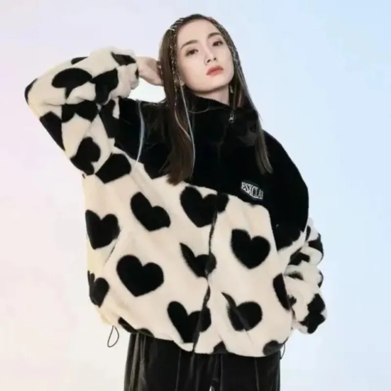 

autumn and winter 2025 new Women's faux rabbit fur jacket love plush jacket women loose hooded thick cotton-padded clothes tide