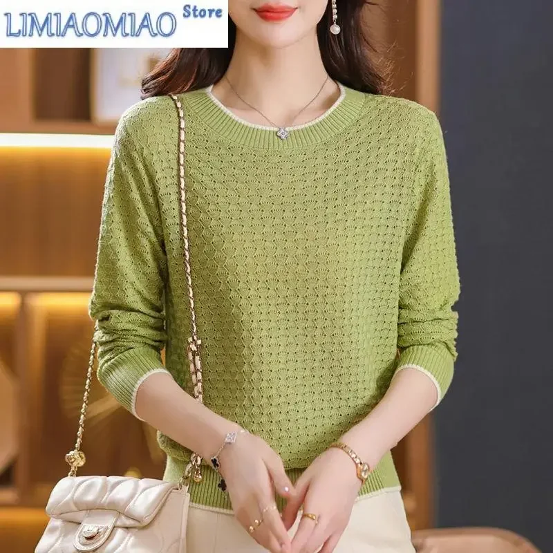 

Spring Autumn Solid Color Pullover Lantern Long Sleeve Sweater Knitted Women's Clothing Crew Neck Hook Flower Hollow Casual Tops
