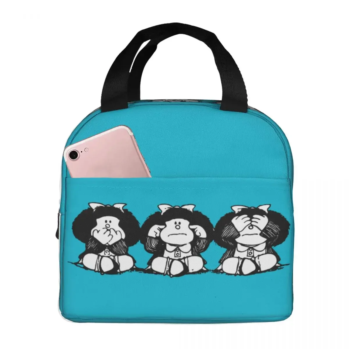 Mafalda-Sacos isolados do almoço dos desenhos animados Quino Comics, saco térmico, recipiente do almoço, sacola portátil, caixa, escola, piquenique, homens, mulheres