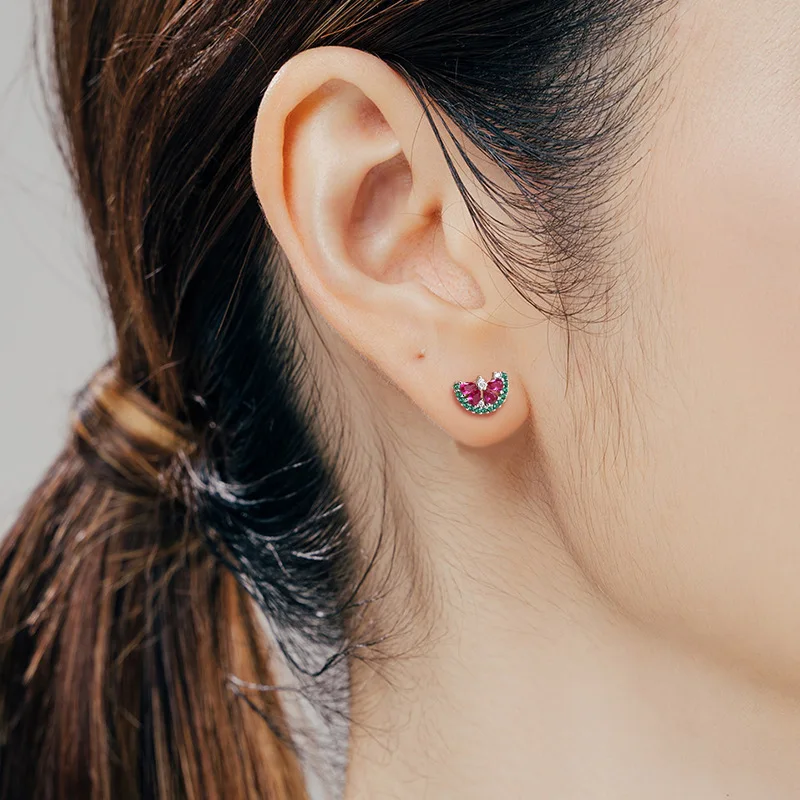 925 فضة موضة لطيف البطيخ على شكل الزركون وأقراط الهدايا الإبداعية المرأة مجوهرات الصيف حفلات أعياد الميلاد