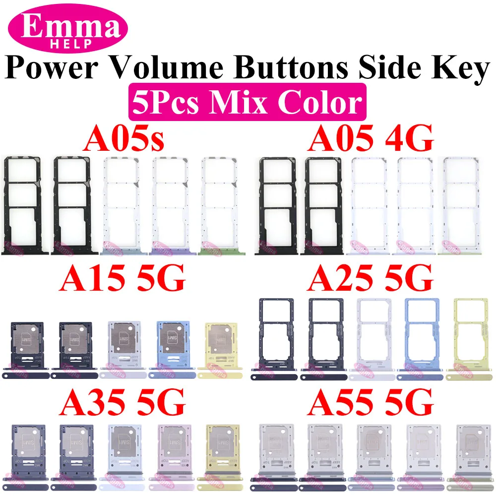 5Pcs Mix Color SIM tray Holder SD Card Power Volume Buttons Side Key On Off Adapter Drawer For Samsung A05 A05s A15 A25 A35 A55