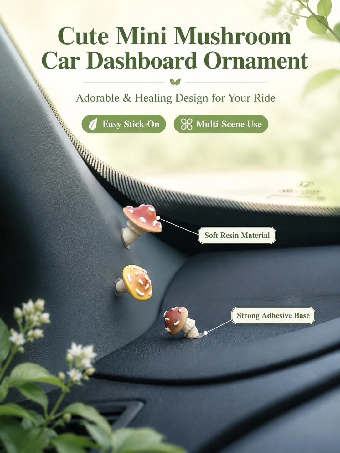 Cute Mini Mushroom Car Dashboard Ornament, Adorable Healing Design for Your Ride, Soft Resin Multi-Scene Decor