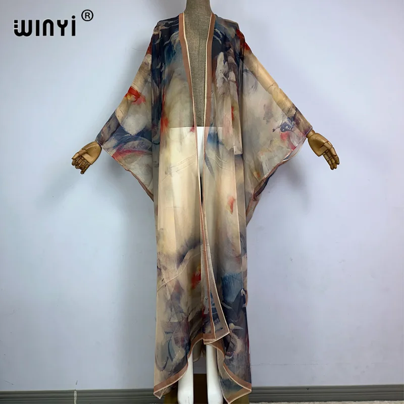 WINYI kimono nowy wzór boho seksowny płaszcz z perspektywy do podłogi sukienka na plażę eleganckie świąteczne stroje plażowe dla kobiet