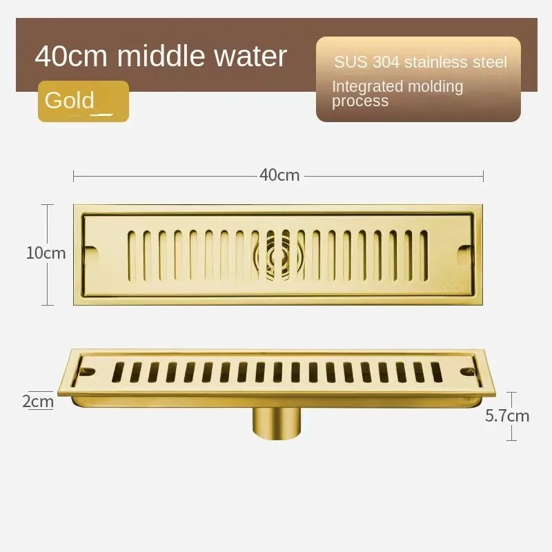 20-80CM Extended Floor Drain Golden Bathroom Stainless Steel Large Displacement Anti-Odor Barrier Hair Rectangular Floor Drain