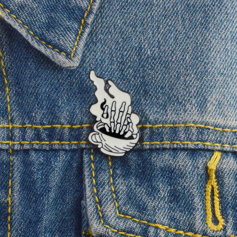 New Coffe Cup Enamel Pins Hand Flame Brooches Metal Jeans Coat Backpack Lapel Badge Jewelry Gifts for Friends Kids