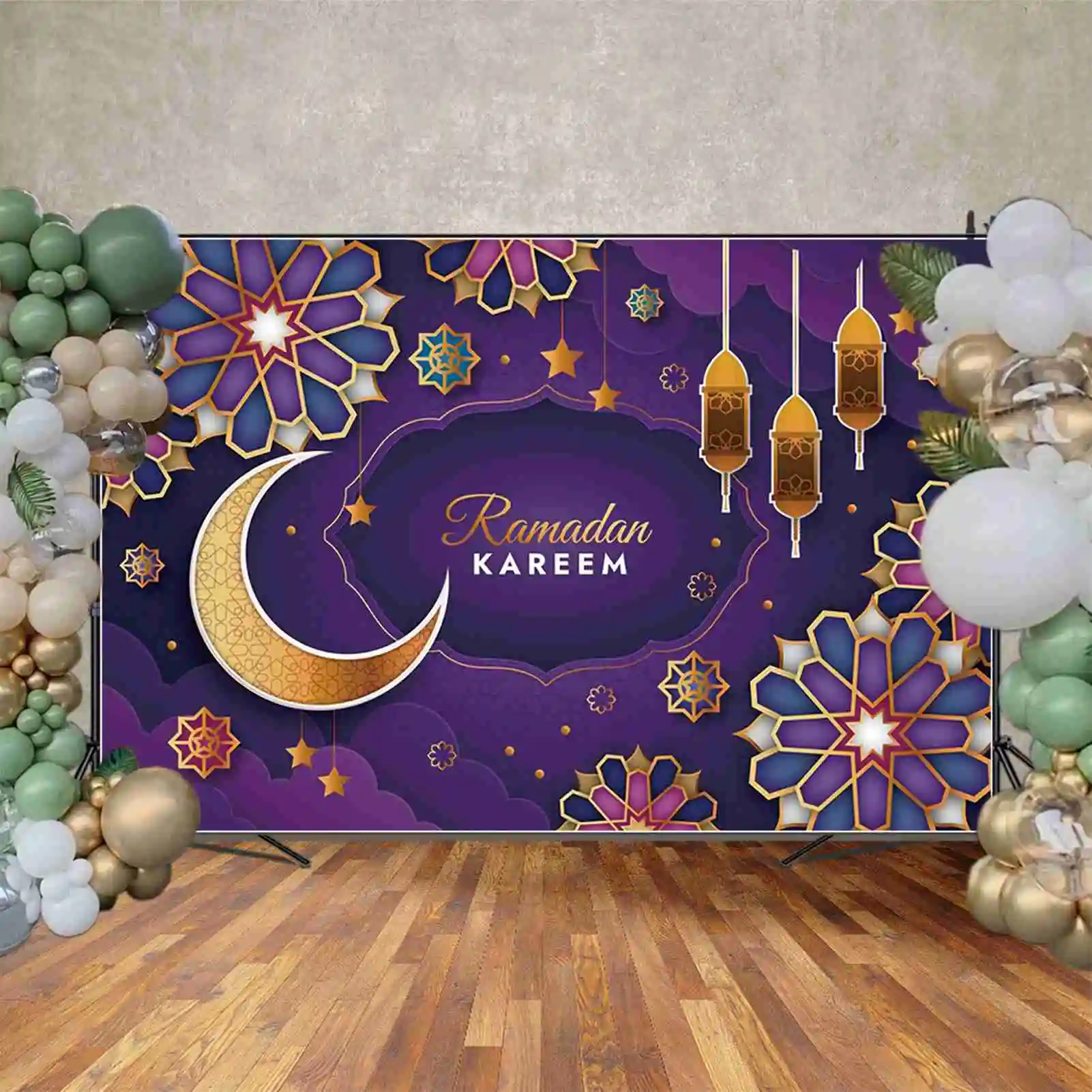 MOON.QG 2025 عيد الفطر رمضان مبارك خلفية ديكور الحفلات الإسلامية خلفية أزرق أرجواني المنزل استوديو الصور راية الدعائم
