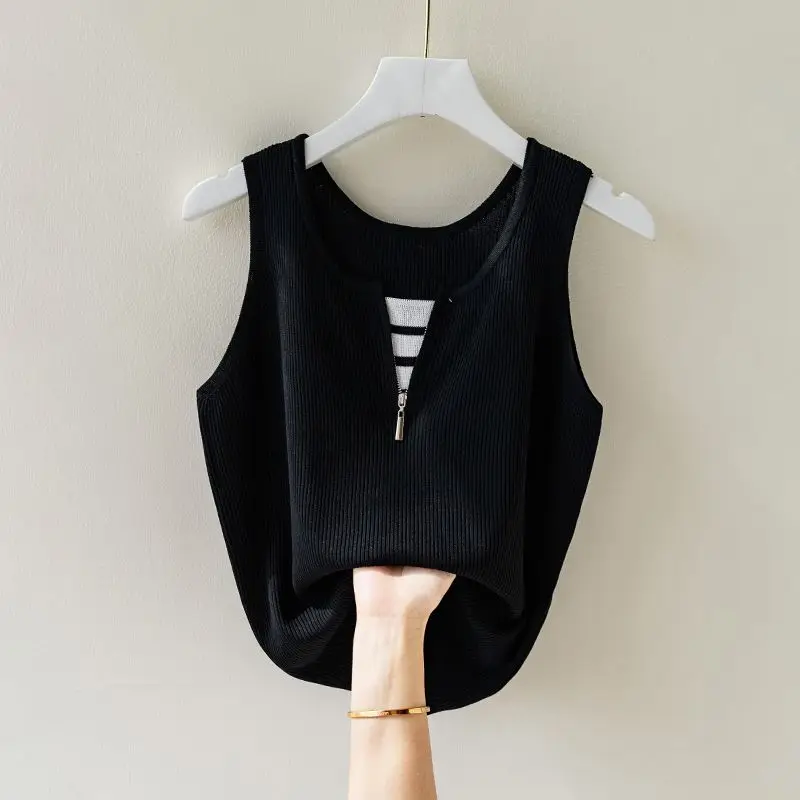 Women Fashion Tanks Top  Sleeveless Coarse Knitting Vest Sweater Female Chic  Patch Zippers Cardigan Waistcoat Tops S952