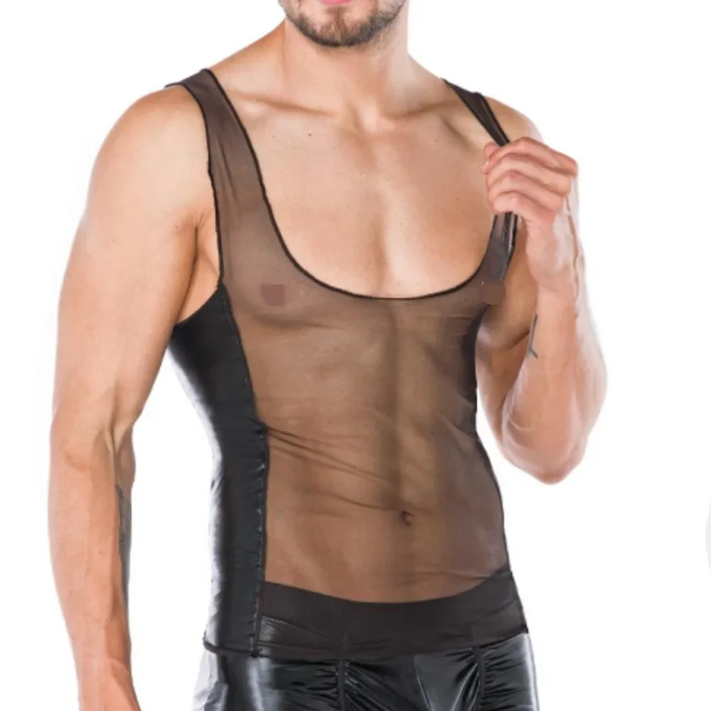 

Gay Mens Fashion Faux Leather Patchwork Sleeveless Sheer Mesh Tank Tops Vest Harness Clubwear Stage Costume Tops