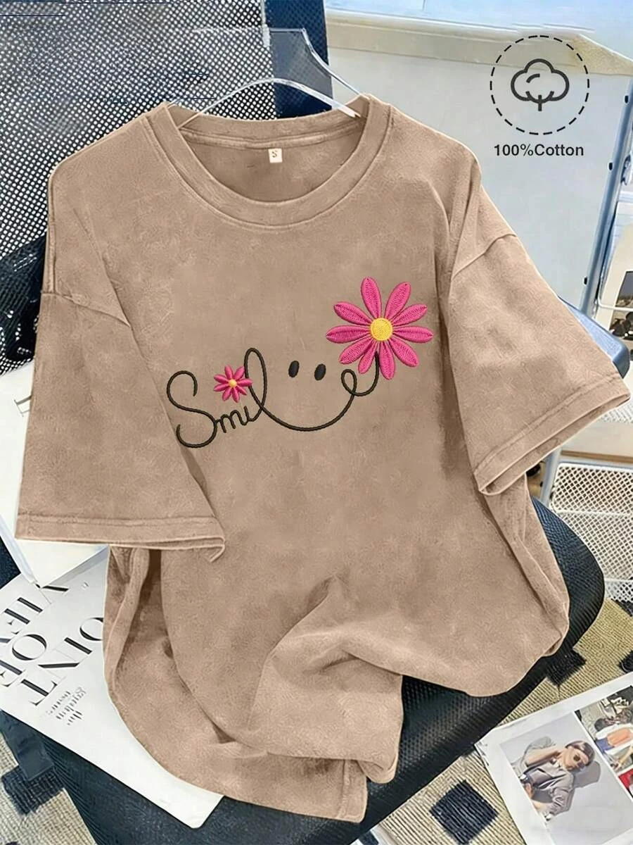 Women's Vintage Washed Cotton T-Shirt New Summer Style American-Style Floral Face Print 100 Cotton Comfortable And Fashionable V