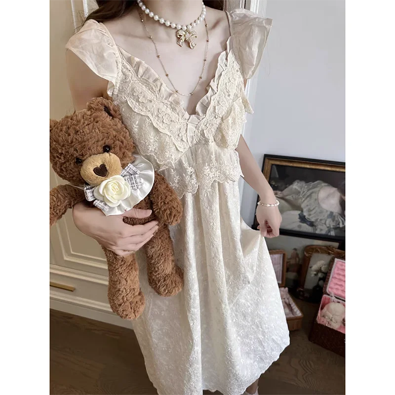 Lace Sleepwear Woman Sleeveless Nightgown Korean Night Dress Summer One Piece Pajamas Dress Ruffles V-neck Night Wears 2024 New