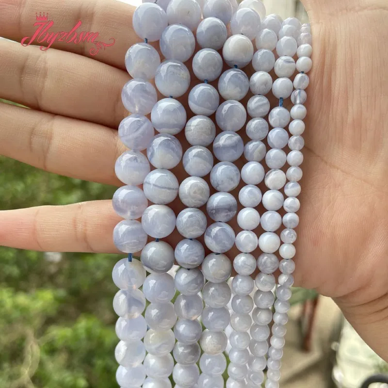 Natural Blue Chalcedony Agate Smooth Round Stone Beads For DIY Necklace Bracelet Jewelry Making Strand 15\