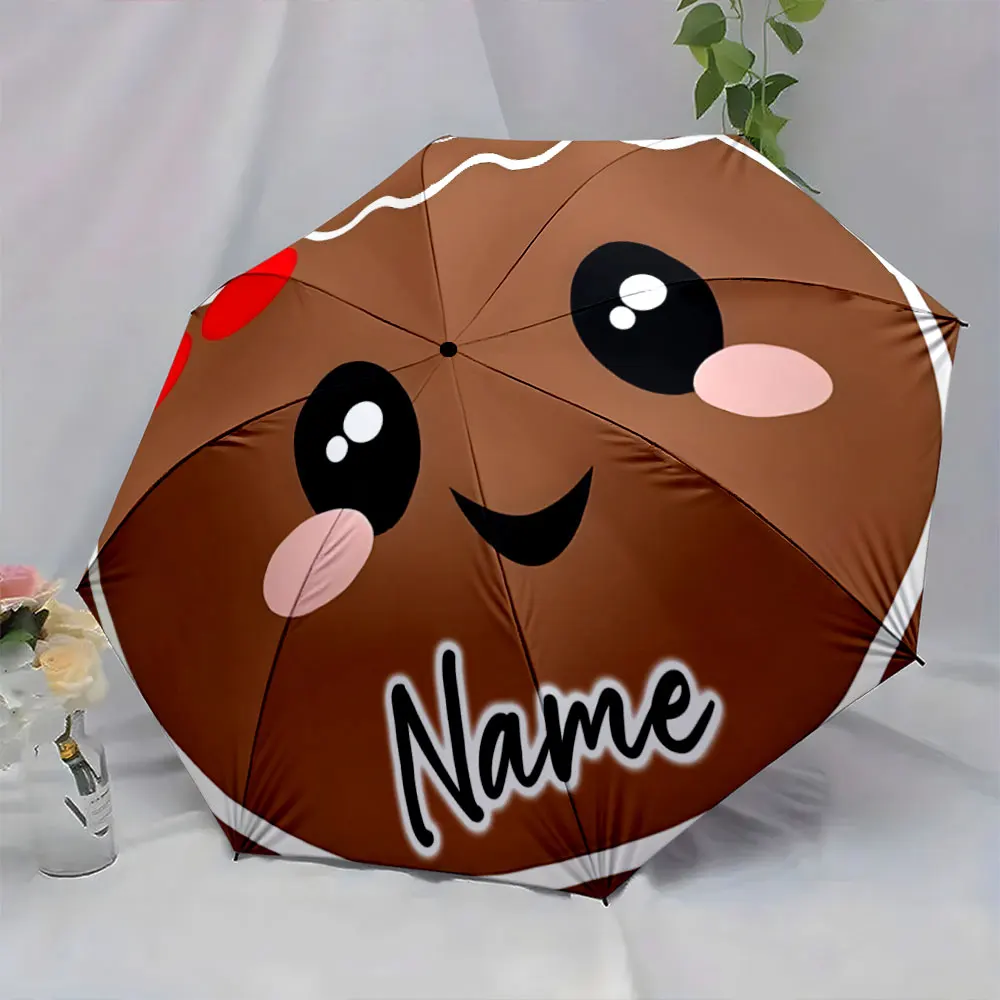 Custom Name  Adorable Gingerbread-Themed Umbrella Design for Kids Print 8 Iron Ribs Folding Umbrella Auto-Open Fashion Sunshade
