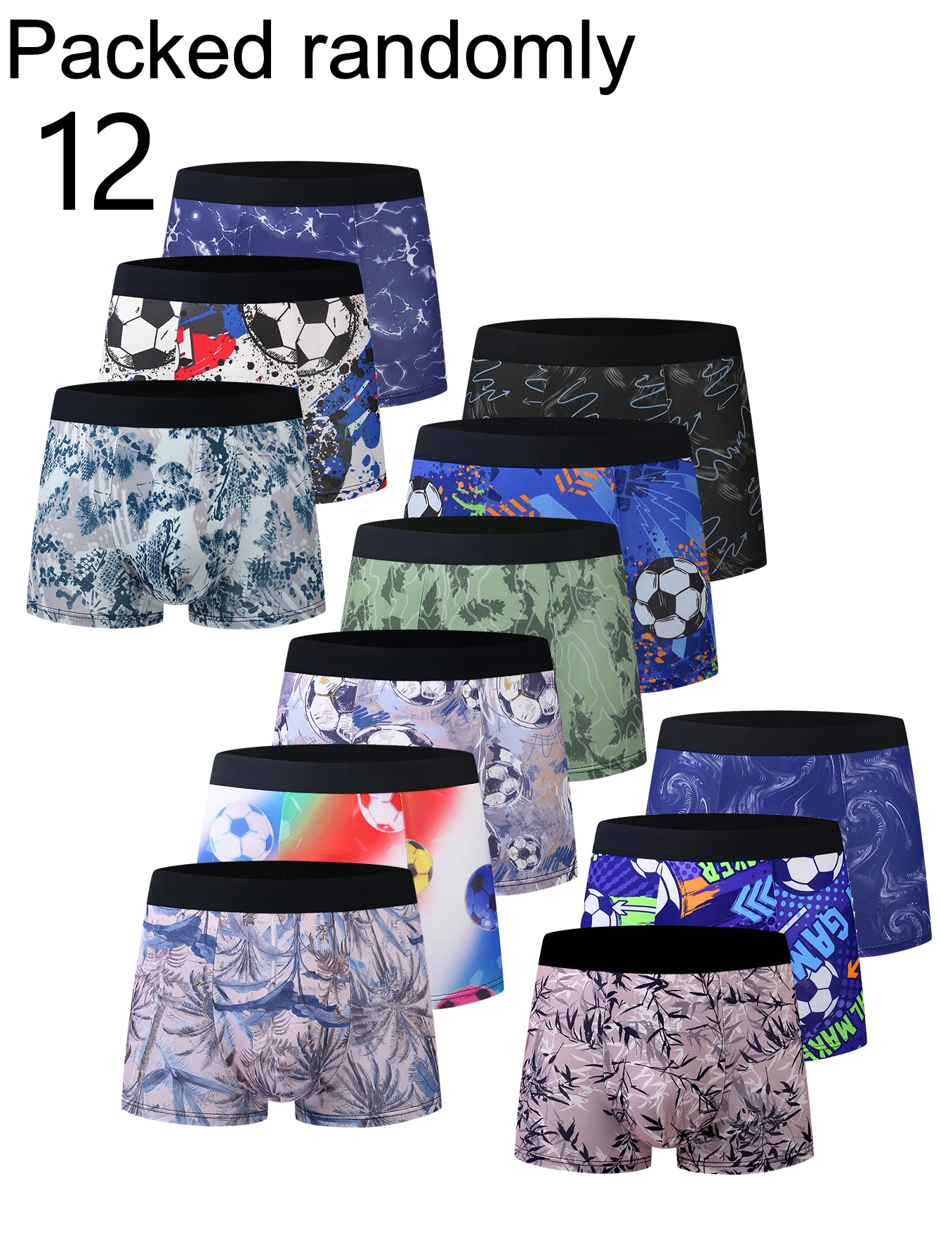 12-Pack Men's Boxer Briefs Assorted Patterns Football National Style Plant Print Youth High Elastic Comfort Multi-Design Random