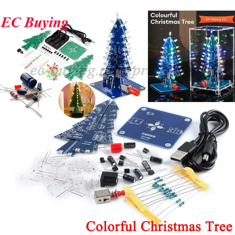 DIY 3D Christmas Tree Soldering Practice Colorful LED Flashing LED RGB Electronic Science Assemble Kit DIY Christmas Trees