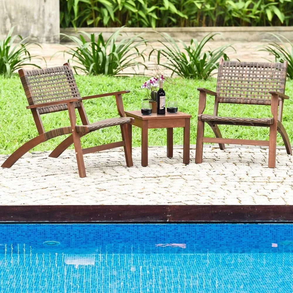 3 PCS Patio Conversation Set, Solid Eucalyptus Wood Frame Outdoor Wicker Furniture Set Bistro Set, Rattan Furniture Set