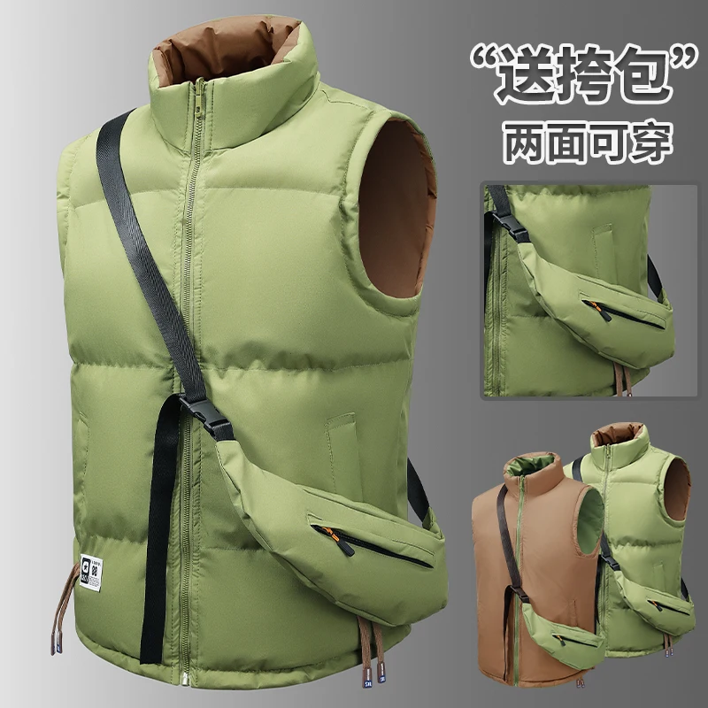 Men Reversible Padded Gilet Stand Collar Zip Sleeveless Vest Casual Warm Waistcoat With Crossbody Bag