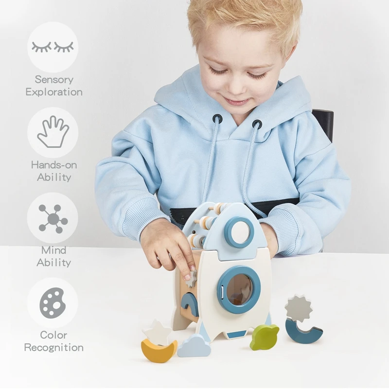 Houten Raket 5-In-1 Speelgoedset Multifunctionele Vorm Cognitief Speelgoed Baby Kralen Montessori Vroege Kinderopvoeding Speelgoed Verjaardagscadeau