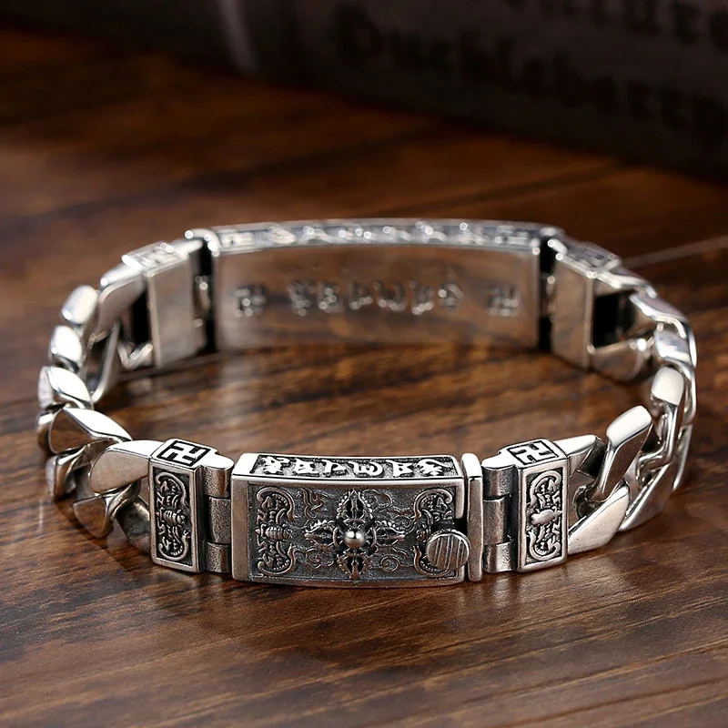 Silver Men Bracelet Bangle Six-Character Mantra Chinese Style Retro Creative Ponytail Trend Domineering Jewelry Accessory