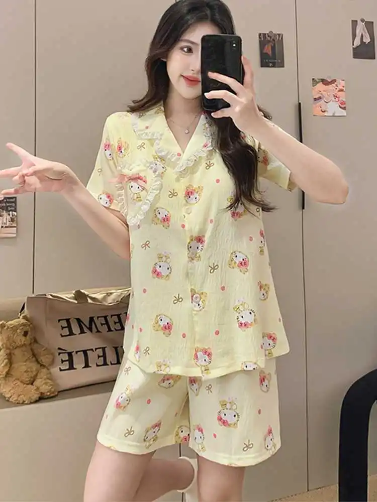 Sanrio Y2K Pajamas 2 Piece Hello Kitty Summer Shorts Short Sleeve Sleepwear Kawaii Cartoon Pijama Student Nightwear Home Clothes
