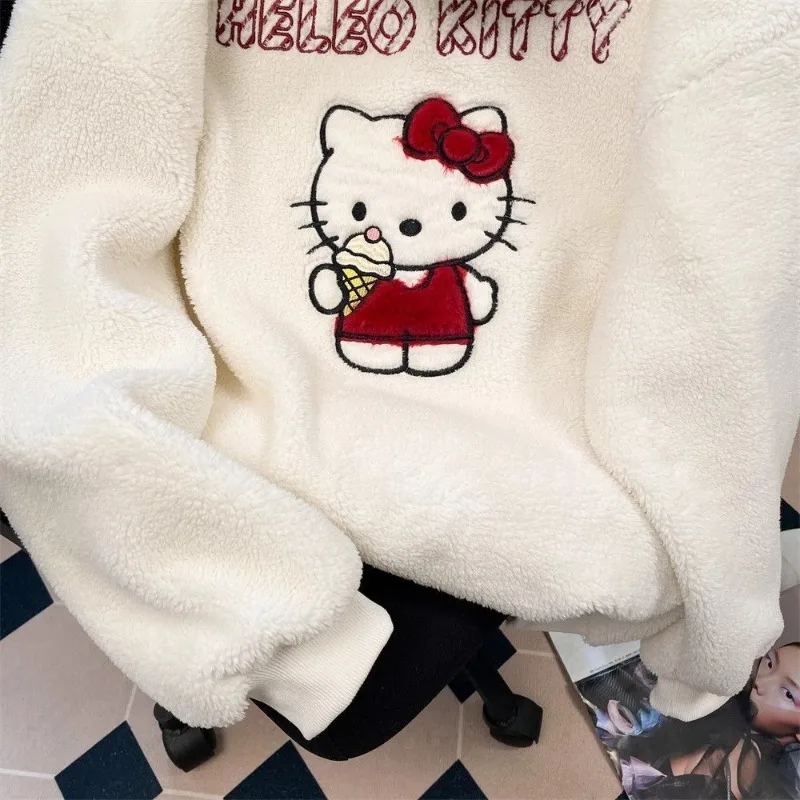 Sudadera de terciopelo de cordero de dibujos animados, chaqueta bordada de Hello Kitty, cárdigan con capucha grueso de felpa japonesa bonita para otoño e invierno