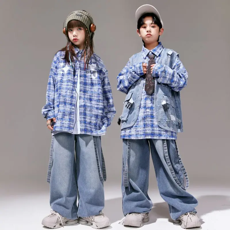 Hip Hop Boys Paid Shirt Denim Vest Loose Jeans Girls Jazz Blouse Child Street Dance Clothes Sets Kids Streetwear Teens Costumes