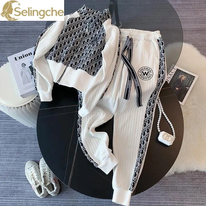 Ensemble de survêtement deux pièces imprimé rétro pour femme, veste à glissière à manches longues, pantalon Wstring de proximité, tenues de sport à