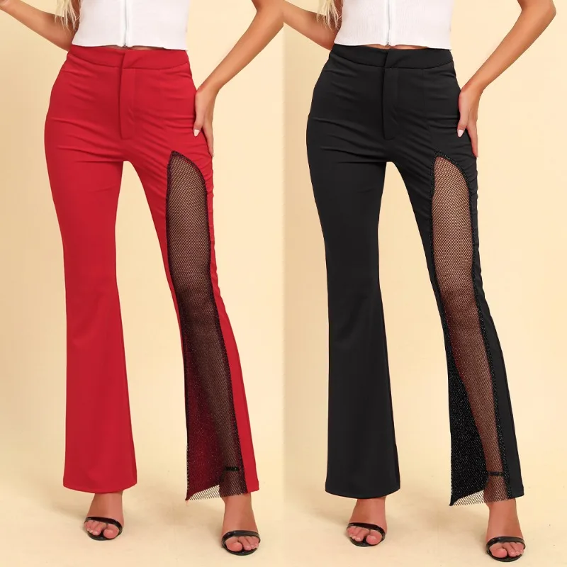 Fashion Flared Pants for Women Grenadine Mid Waist Pants Streetwear Women\'s Clothing Glitter High Slit Boot Cut Flared Trousers