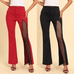 Fashion Flared Pants for Women Grenadine Mid Waist Pants Streetwear Women's Clothing Glitter High Slit Boot Cut Flared Trousers
