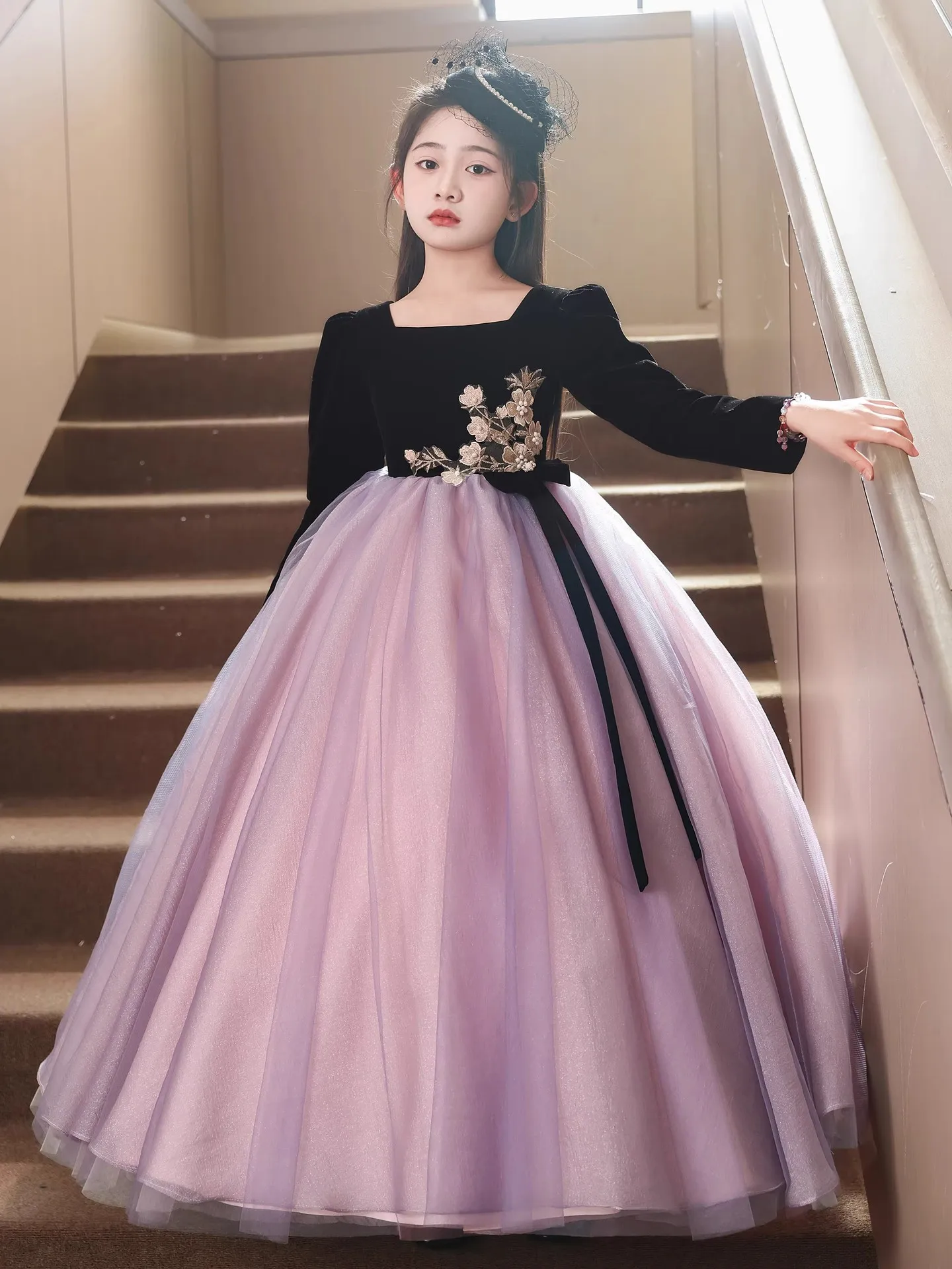 

Ele Long Sve Princ Dr for Girls Children's Faion ow Performance Costume Birthday Par Fairy T Ball Gown