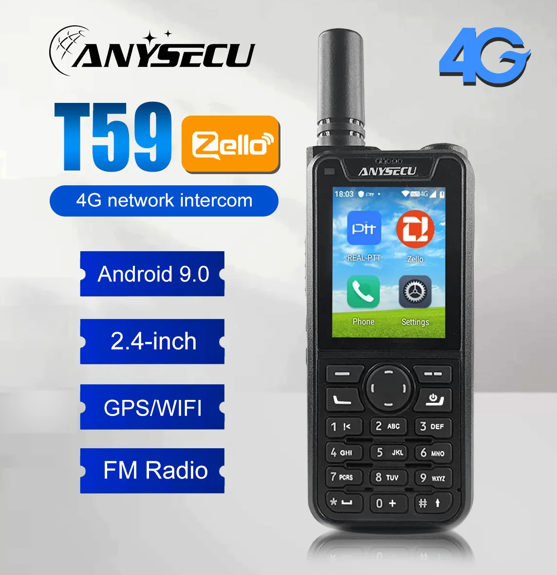 Anysecu T59 walkie talkie Network POC 4G LTE Radio Zello Android 9.0 Battery 6800mAh Wifi BT 4.2 Two Way Radio