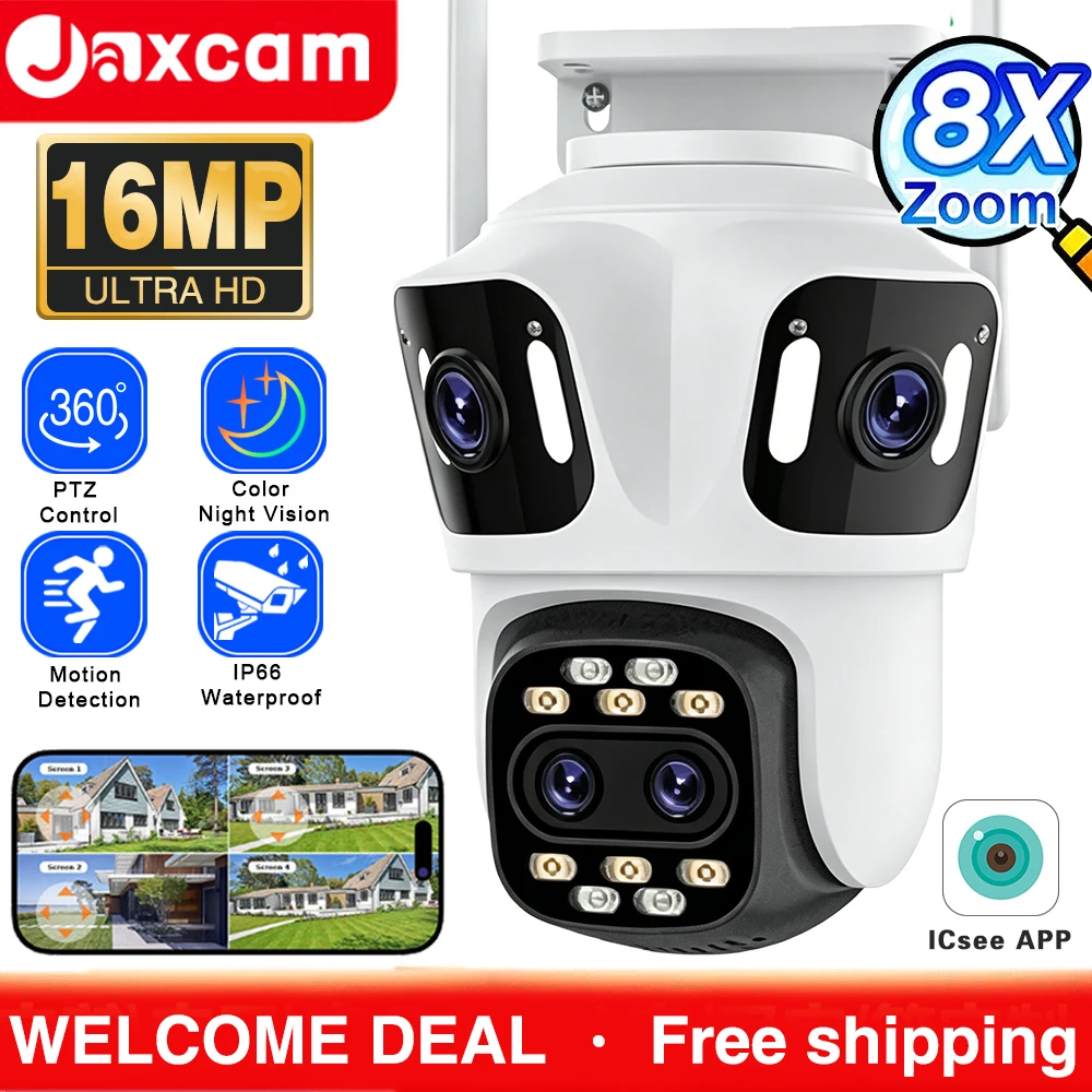 

16MP Wifi Camera Outdoor PTZ 4 Lens 4 Screen 8X Zoom AI Auto Tracking Linkage Video Bluetooth Security Camera IP iCSee APP